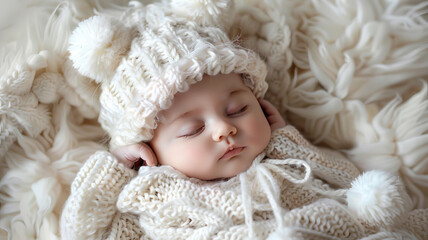 Cute newborn baby sleeping on soft white blanket, generative ai