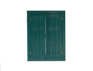 Green turquoise color wooden window isolated on white background, Clipping path included.