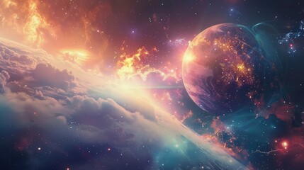 Obraz premium Majestic cosmic scene showcasing vibrant nebulae, stars, and an illuminating planet in a colorful galaxy. Perfect for space-themed designs.