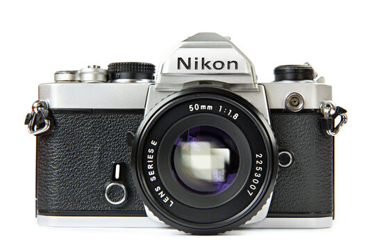 Moscow , RUSSIA - March 17, 2014: Old japan retro Nikon FM SLR camera isolated white
