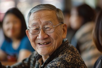 Fototapeta premium An elderly man with a joyful smile is dining out in a bustling restaurant, surrounded by friends or family, capturing a lively moment of social connection and happiness.