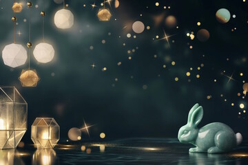 Mint green jade rabbit surrounded by glowing lanterns and orbs, symbolizing festive Mid-Autumn Festival celebration