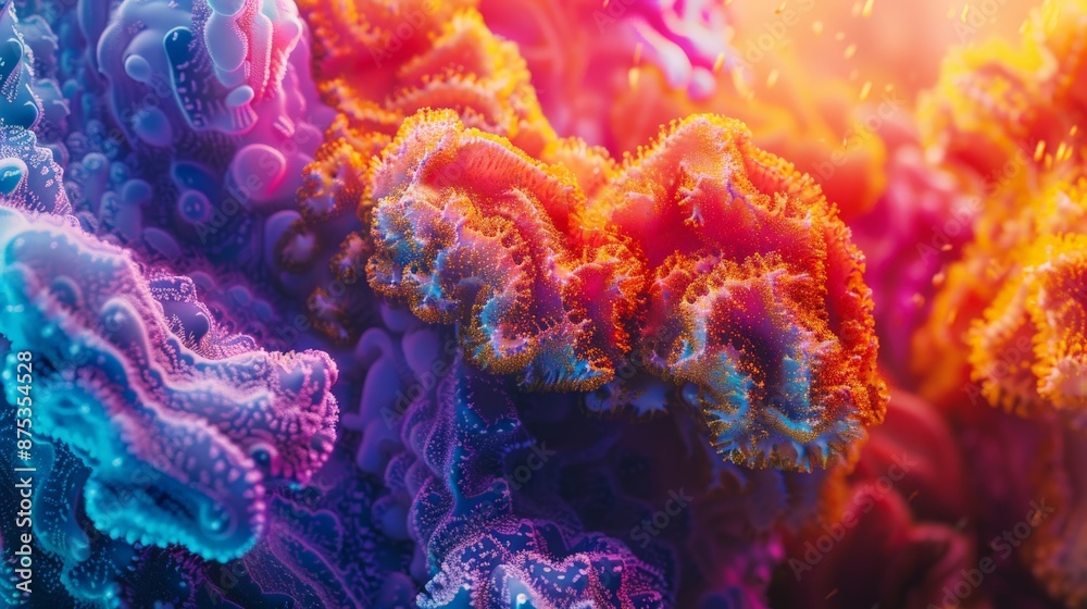 Poster a mesmerizing underwater photograph featuring a variety of brightly colored corals with dynamic text