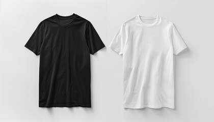 White and black T-shirt front view on a light background, mockup design.