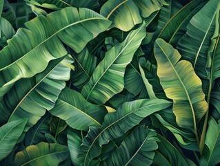 Closeup of Large Green Banana Leaves in Lush Tropical Foliage
