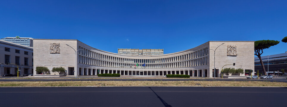 The INPS palace at EUR in Rome, example of the monumentalism of the first half of the 20th century, with rationalist and neoclassical elements
