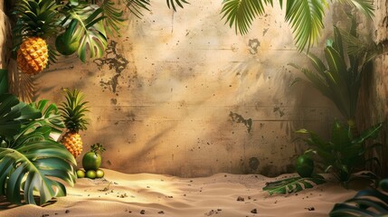 a picture of a sandy floor and a wall decorated with palm leaves and tropical fruits background