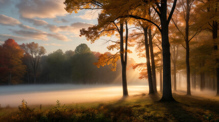 Sunset Glow on Verdant Fields and Trees Sunlight Filtering Through Autumn Trees