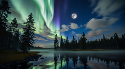 Stunning Northern Lights Over Forest Lake  Enchanting Aurora Borealis and Night Sky