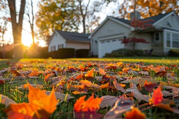 Autumn Leaves on Lawn with Sunset Glow