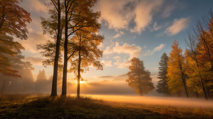 Sunset Glow on Verdant Fields and Trees Sunlight Filtering Through Autumn Trees