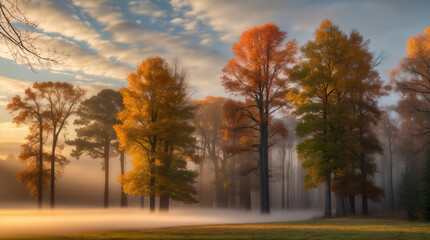 Sunset Glow on Verdant Fields and Trees Sunlight Filtering Through Autumn Trees