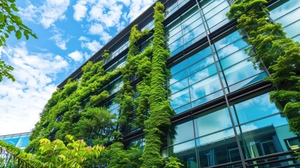 Green building with plants growing on the facade. Ecology and green living in city