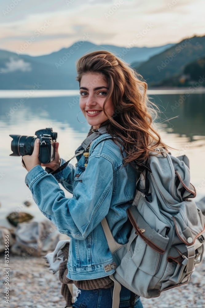 Canvas Prints Woman photographer on rocky beach