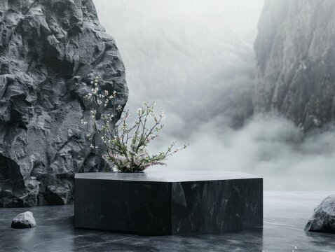 Empty stylish dark menly stone podium 3D mockup background for beauty product presentation concept. Copy space platform surrounded by rocks mountains fog . Cosmetics, perfume sales advertising stand