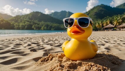 Obraz premium rubber duck wearing sun glasses on the beach