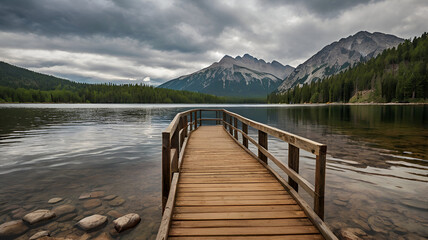 Fototapeta premium A wooden path, lake, mountain