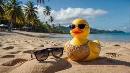 Obraz premium rubber duck wearing sun glasses on the beach
