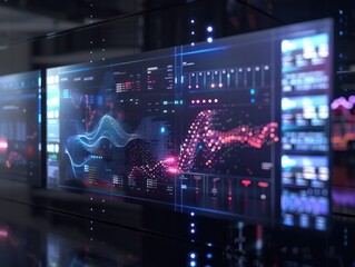Generate a data big screen, with a technological style and a sense of design, containing elements related to big data. Generative AI.