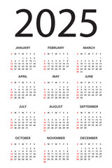 Calendar 2025 - illustration. Week starts on Sunday