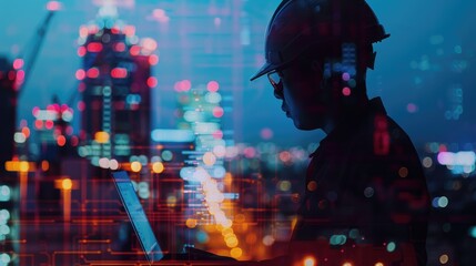 electrical engineer using laptop for design (close up, focus on, copy space) vibrant screen and interface, double exposure silhouette with CAD 