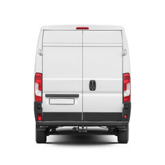 White clean delivery van small truck rear view isolated. Cargo short-base minibus. Transparent PNG image. © Kuzmick