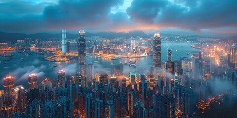 Fototapeta premium Overlooking the international metropolis on the coast from the clouds, the skyline is full of tall buildings