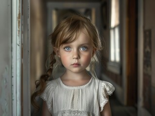 Little Girl With Blue Eyes Standing in Hallway