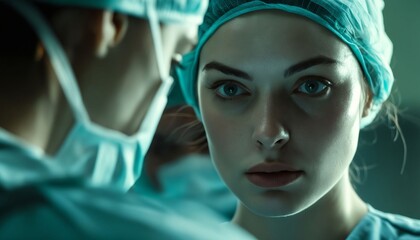 A woman in scrubs looking at another woman.
