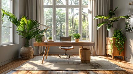 Fototapeta premium minimal interior design of home office with modern wood furniture, large windows, and potted plants 