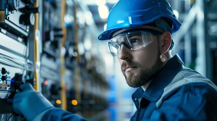 Focused engineer wearing safety gear operates industrial machinery in a modern factory, ensuring precise and safe operations.