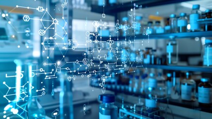 Abstract visualization of data and technology in a modern laboratory. Concept of innovative research and digital transformation in science.
