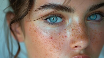 Fototapeta premium Close-up of facial freckles on the face. Facial health care and cosmetics concept.