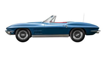 Passenger retro classic sport blue car isolated on a white background, with clipping path. Full Depth of field. Focus stacking, side view