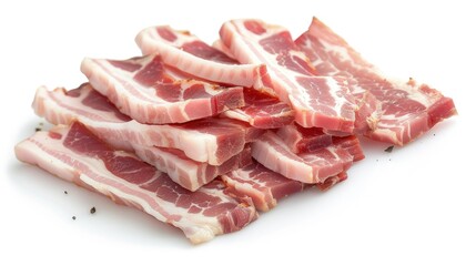 Obraz premium Pile of raw bacon slices arranged neatly on a white background. Perfect for recipes requiring fresh, uncooked pork belly.