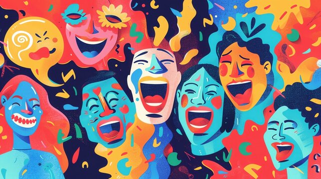 Create an illustration of people laughing and enjoying various jokes, with icons of comedy masks and laughter bubbles