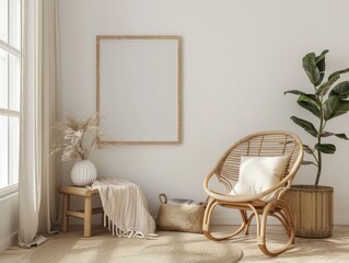 Scandinavian room interior with mock up photo frame, generative ai