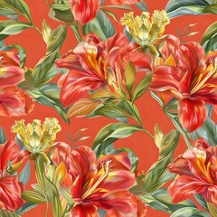 Detailed Hand-Painted Tropical Flower and Leaf Fabric Design