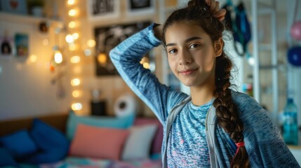 Youthful Confidence: Teen Girl Posing with a Smile in Cozy Bedroom Decor. Generative ai