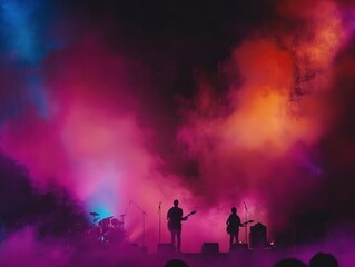 Silhouette of a music concert on stage with colorful smoke