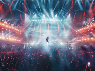 Obraz premium Singer performs a musical concert on stage in a huge packed stadium hall. Epic lights and flashlights