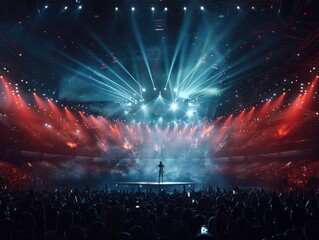 Singer performs a musical concert on stage in a huge packed stadium hall. Epic lights and flashlights