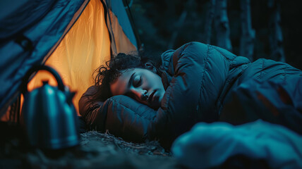girl camping in night. Inside the camp is a kettle. The girl is sleeping in a blanket.generative ai