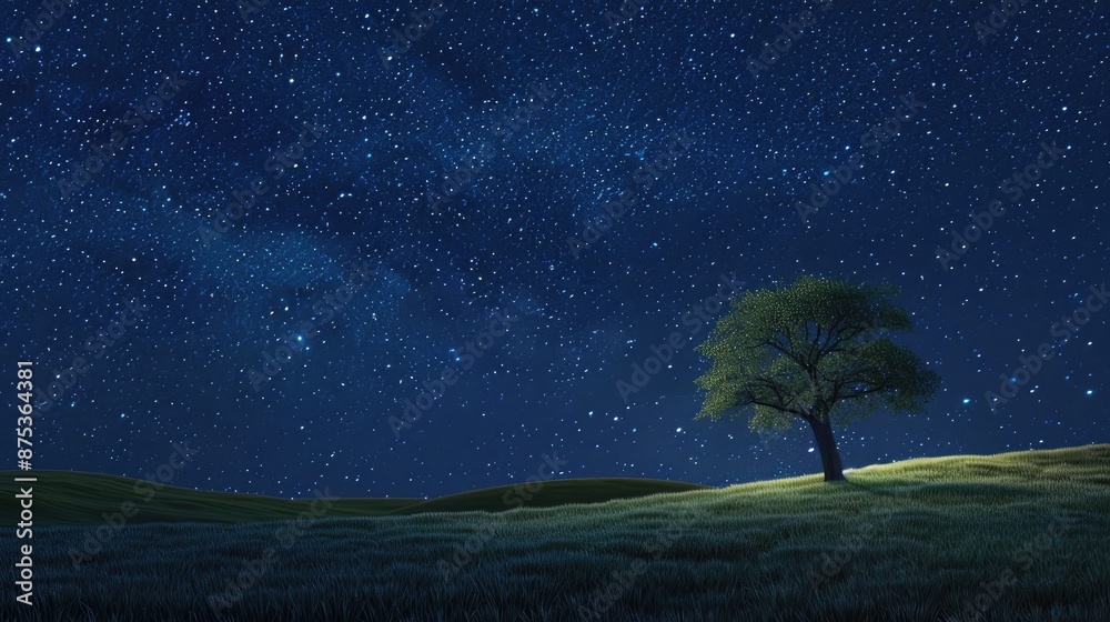 Poster Nighttime Landscape with Lone Tree on Grassy Hills under Starry Sky