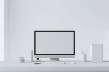 Fototapeta premium A computer monitor sits on a desk with a keyboard and mouse