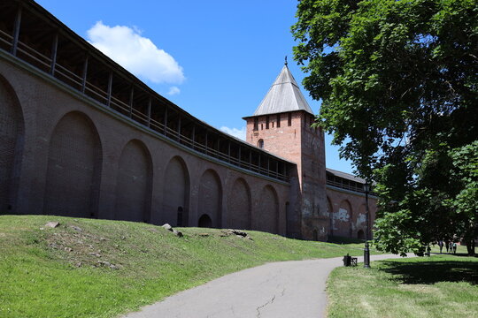 NOVGOROD, RUSSIA - June 26, 2024: View of the Kremlin wall and tower.
