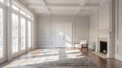 Fototapeta premium A large, empty living room with a fireplace and a chair. Generate AI image