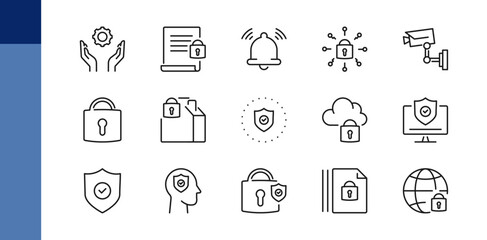 Security and protection line icons set. Shield, lock, password, camera sign, symbol. Isolated on a white png background. Pixel perfect. Editable stroke. 64x64.	