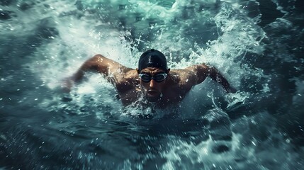 Swimming at ocean under the rain. swimmer at the sea 