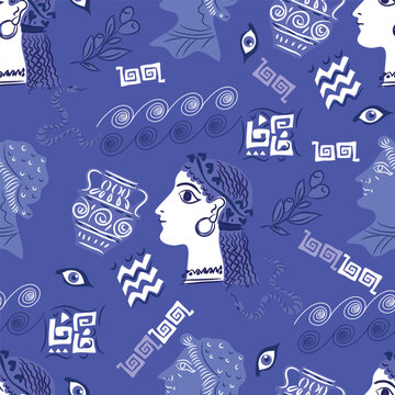 Modern hand drawn seamless pattern  in cartoon  ancient greek style   Tenplate abstract background with ancient greek statue and classic vintage icons  Vector trendy illustration